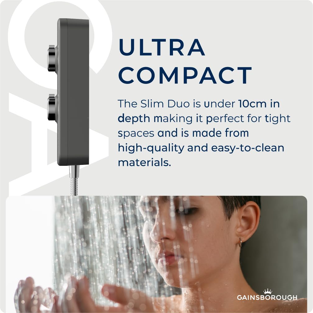 Gainsborough Slim Duo - Piano de ducha eléctrico de 9,5 kW, 3 modos de pulverización, ajustable, con manguera, boquillas de limpieza para baño, IPX4