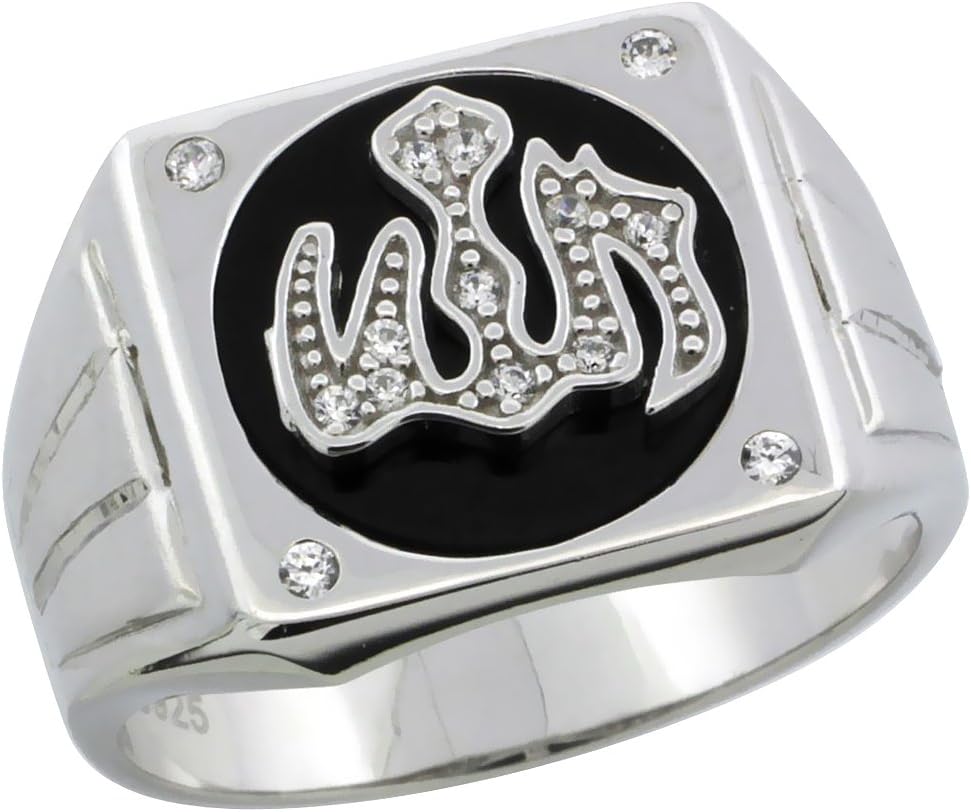 Mens Sterling Silver Black Onyx Allah Ring CZ Stones & Frosted Stripes on Sides, 1/2 inch Wide