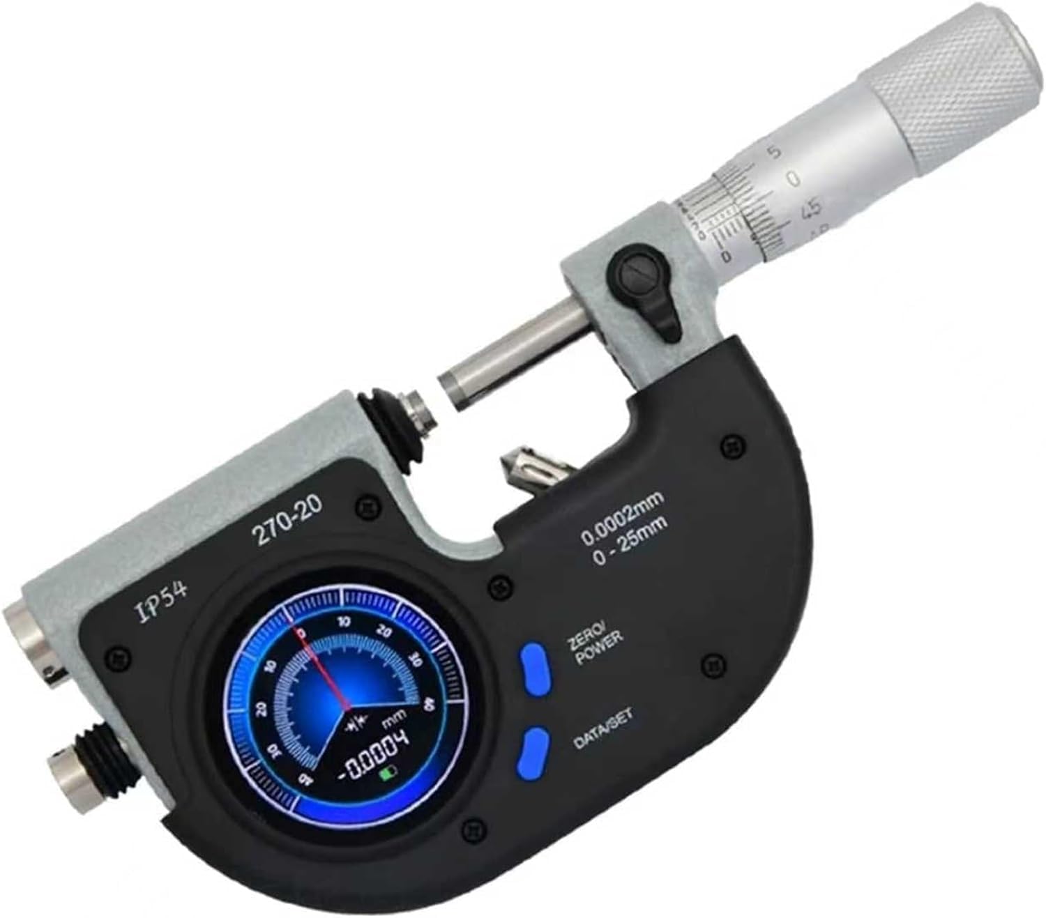 Micrometro digitale per esterni 0-25 mm, strumento di misura elettronico a leva, risoluzione 0,0005 mm, per officine meccaniche e controllo qualità industriale.