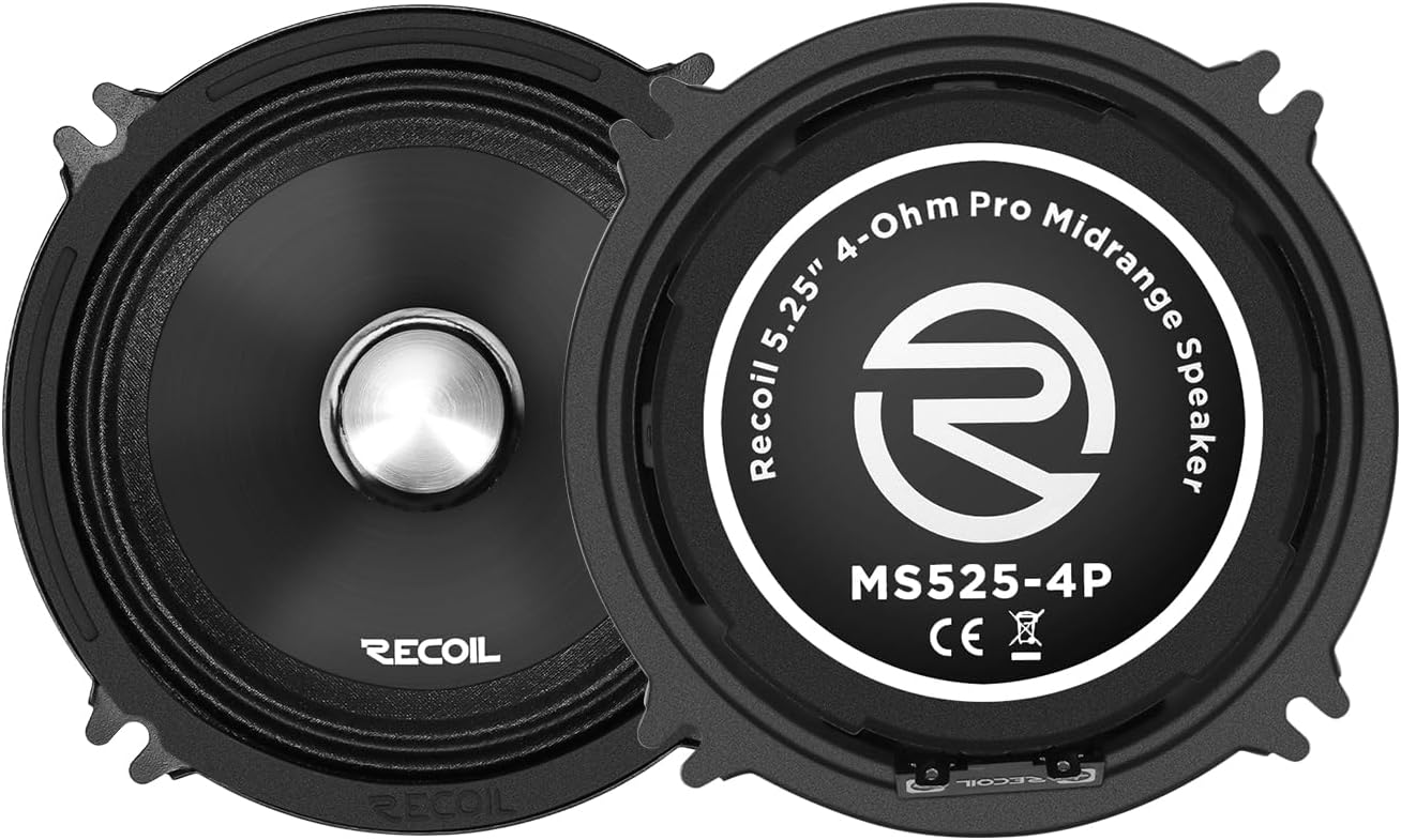 RECOIL MS525-4P 5.25-Inch Midrange Pro Audio Car Speakers, 320 Watts Max, 160 Watts RMS, 4Ohm, 1.0-Inch High Temperature Kapton Voice Coil, Premium Quality Car Audio Door Speakers (Pair)