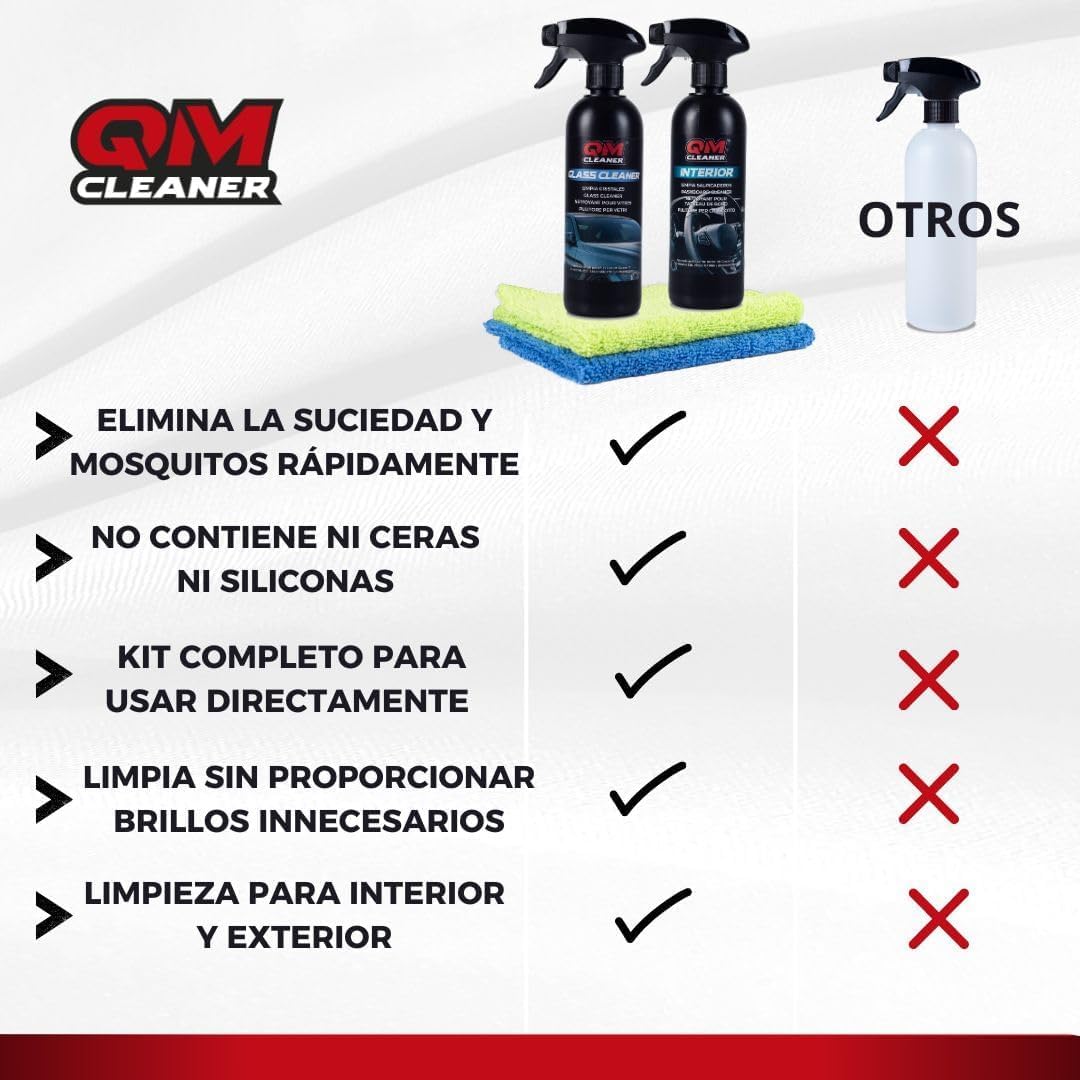 QM Cleaner Kit per la pulizia degli interni del veicolo Pulisce cruscotto, plastica, vetro e schermo per auto Include detergente per cruscotto 500ml, detergente per vetri/schermo 500ml e 2 panni extra