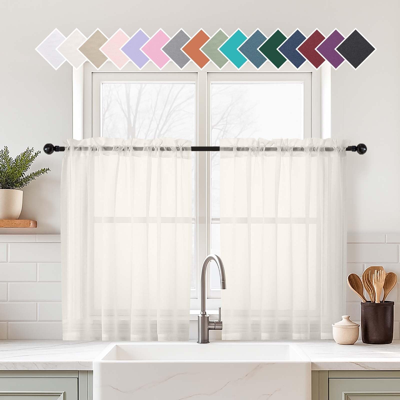 Ebesto Ivory Small Sheer Curtains 2 Panels Set, Kitchen Curtains 36 Inch Length, Elegant Light Filtering Short Window Drapes for Living Room Bedroom, Dual Rod Pocket Design, 2x42Wx36L Inches