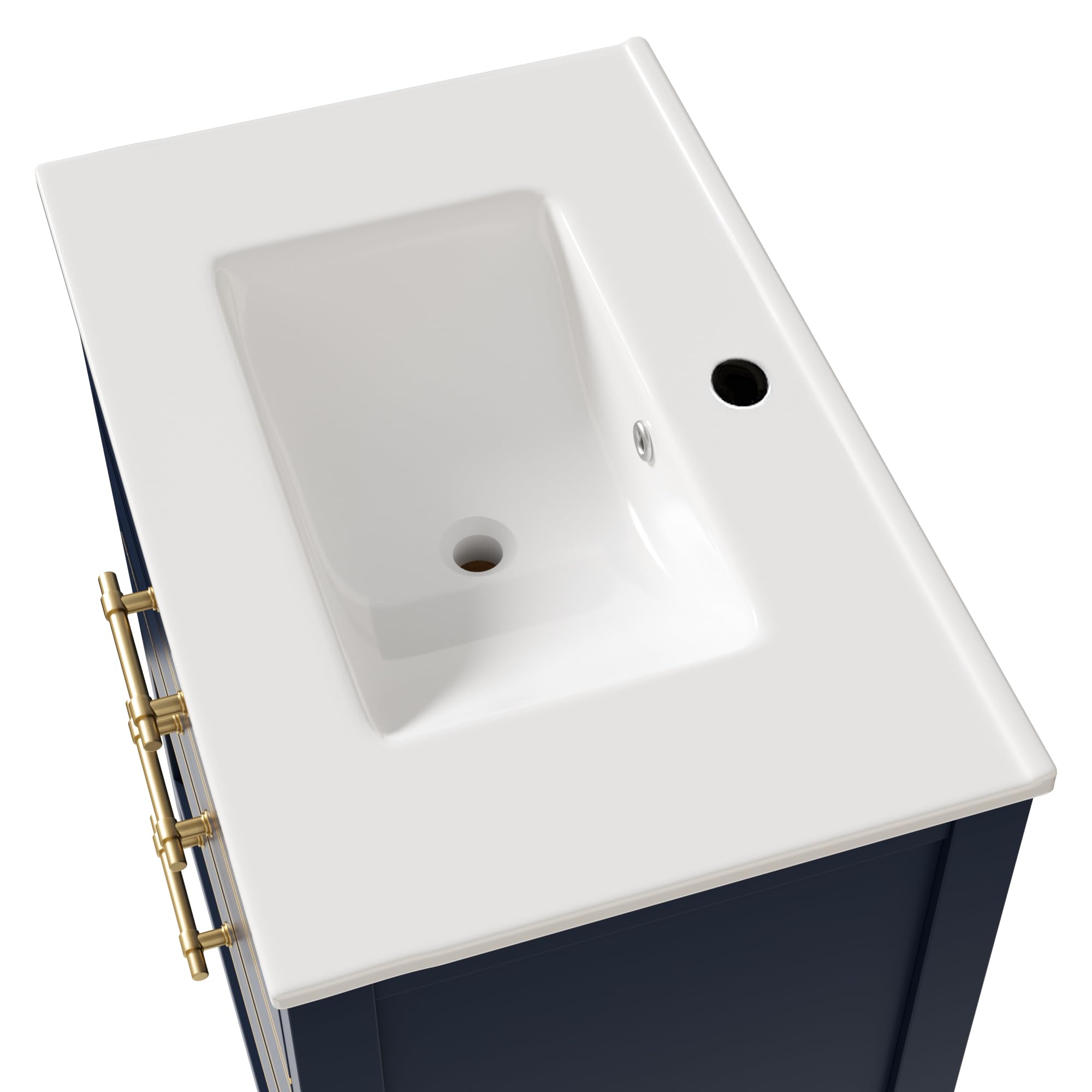 Lexiou Mueble de baño con lavabo de cerámica, mueble de baño independiente con 2 cajones y compartimento abierto, asas doradas, sin grifo ni desagüe (negro y azul)