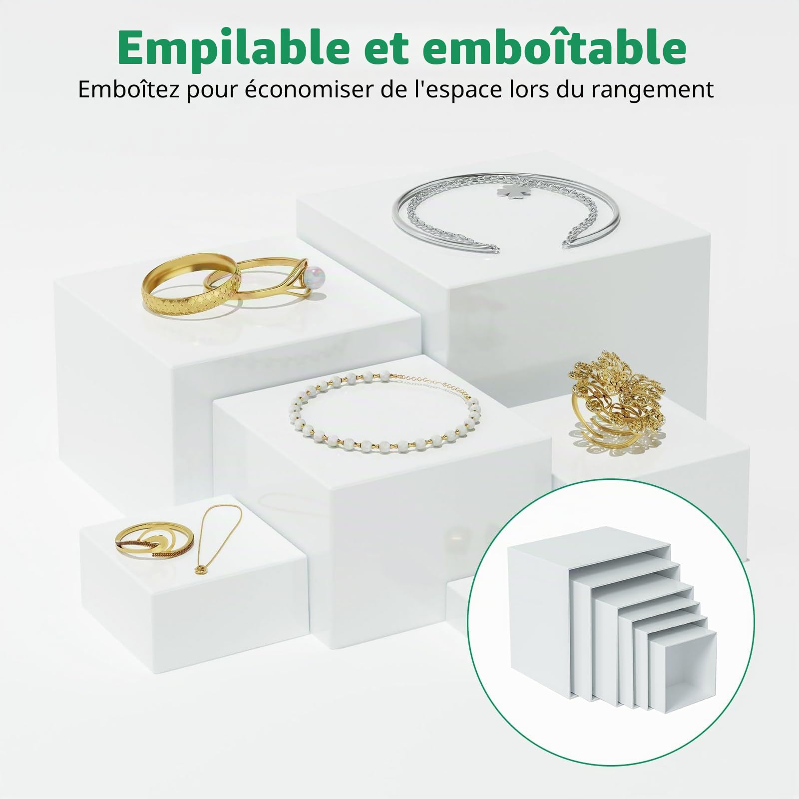 JAOGAUS Lot de 6 présentoirs de buffet en acrylique blanc avec fond creux, 3" 4" 5" 6" 7" 8" pour table de buffet, mariage, table de buffet, fête, objets de collection et bijoux