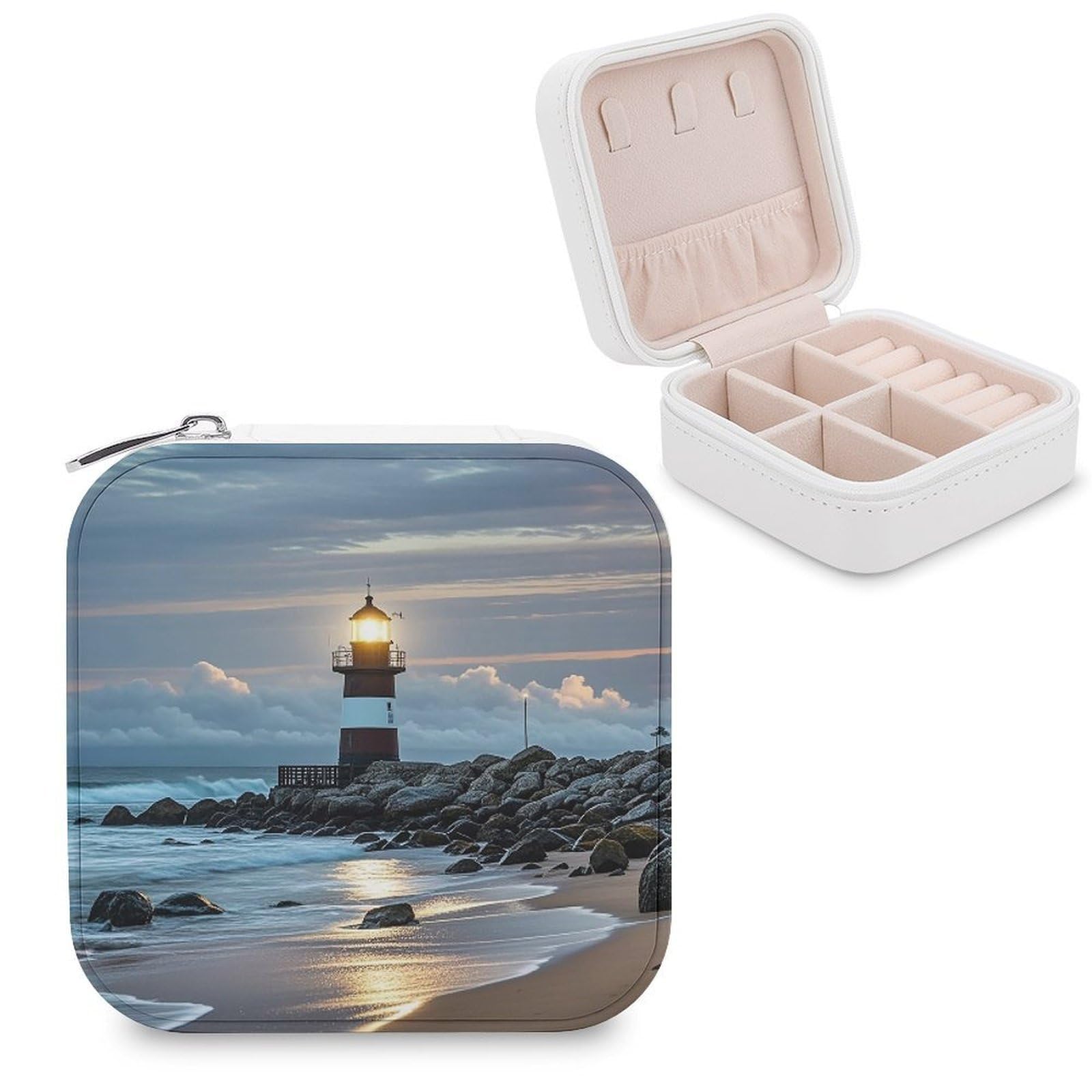 FekiLoot Sea Lighthouse Travel Jewelry Box Small Jewelry Organizer Storage Case Portable PU Leather Mini Jewellry Travel Case Necklace Ring Storage Organizer Gift for Women
