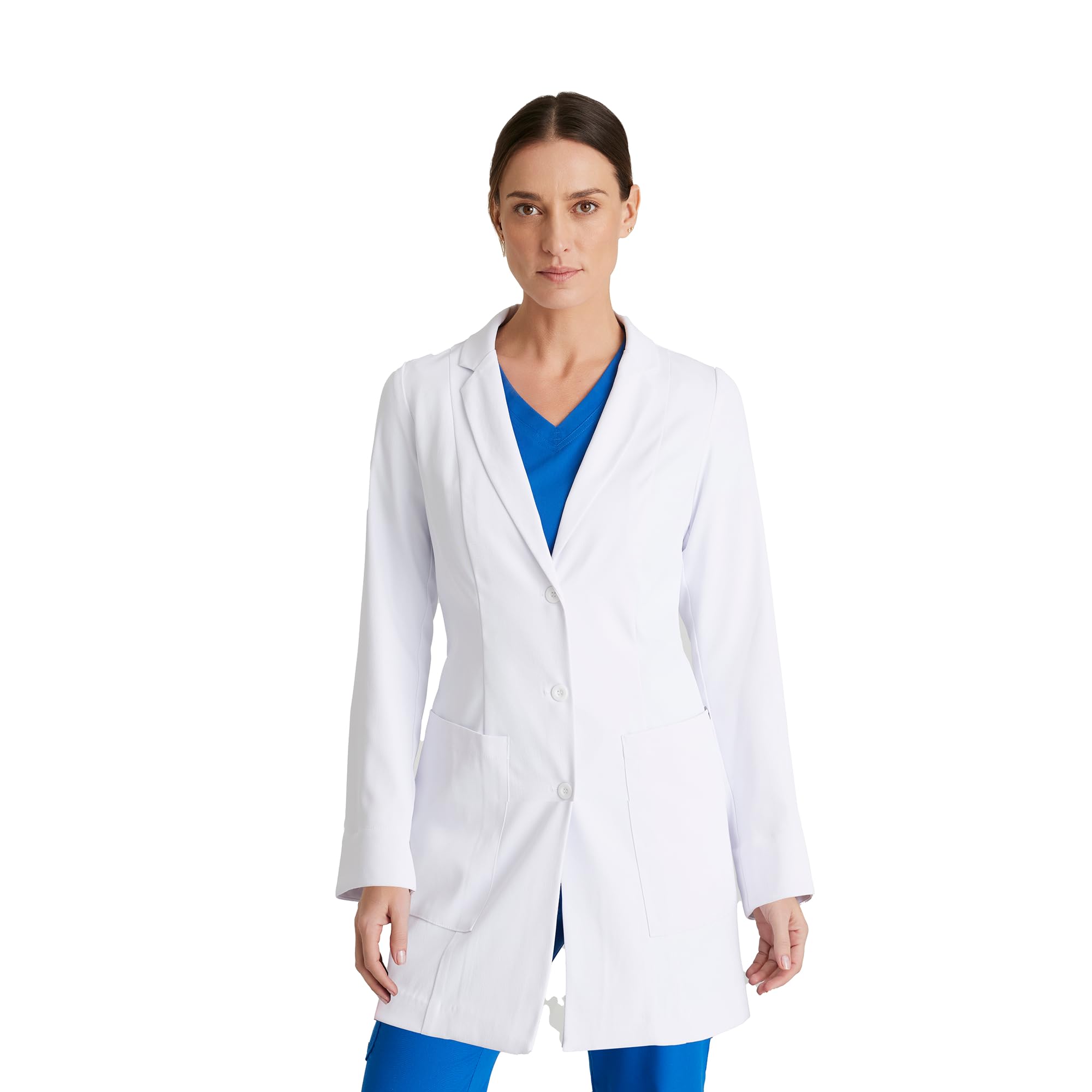 BARCO Merit - Abrigo de laboratorio para mujer, profesional, 3 bolsillos, cierre de 3 botones, manga larga, abrigo de laboratorio para mujer