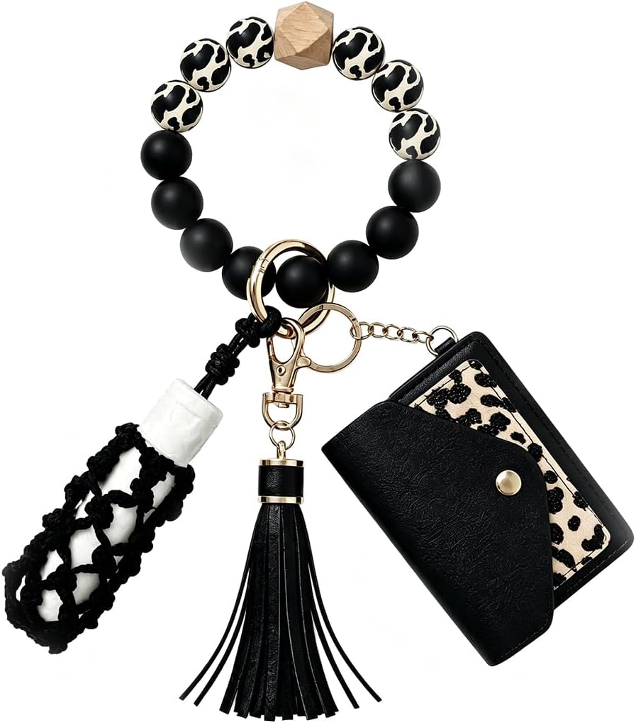 BIHRTC Silicone Key Ring Bracelets Wristlet Keychain Wallet with Net Chapstick Holder for Women