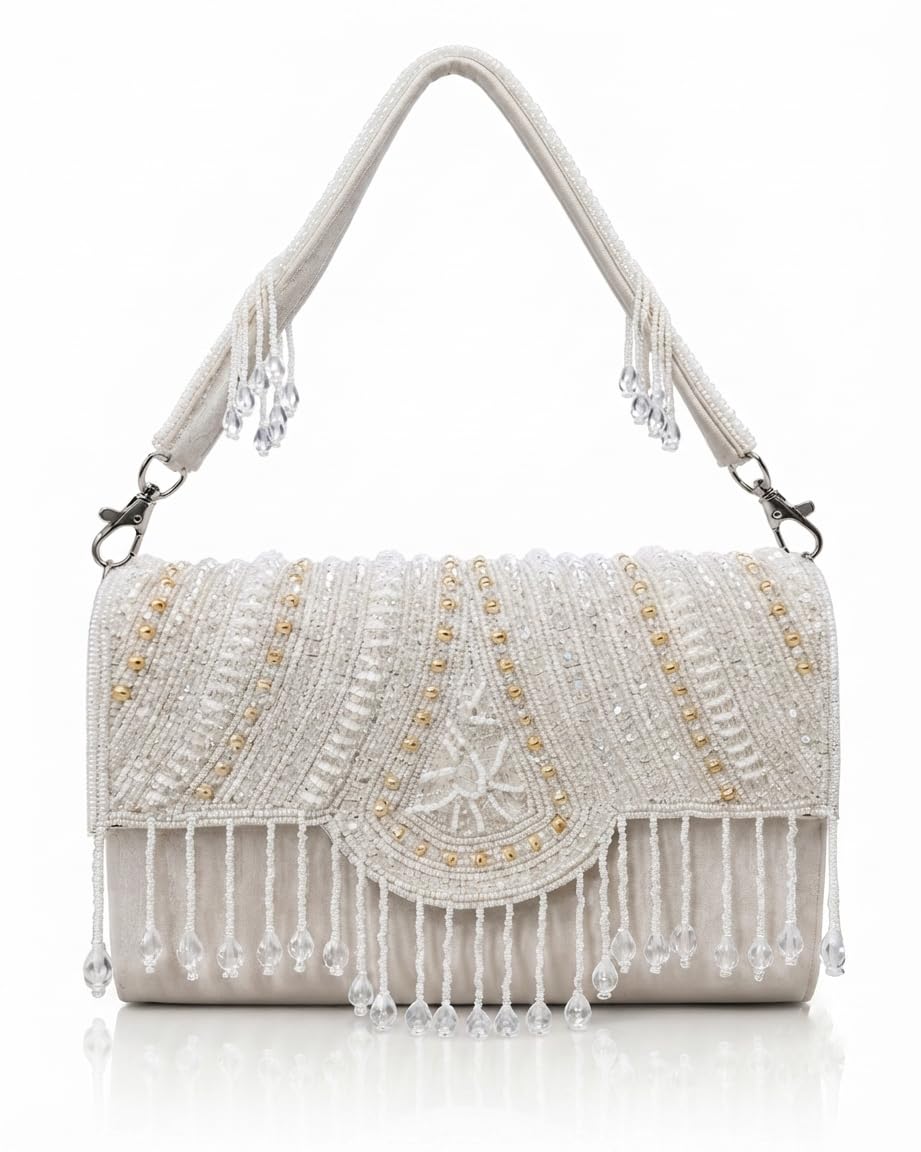 zarikaraft Women's Pearl Beaded Velvet cream Clutch Handbag with Crystal Stone Work & Tassel Fringe Purse for Wedding & Festive Occasions.-image-32