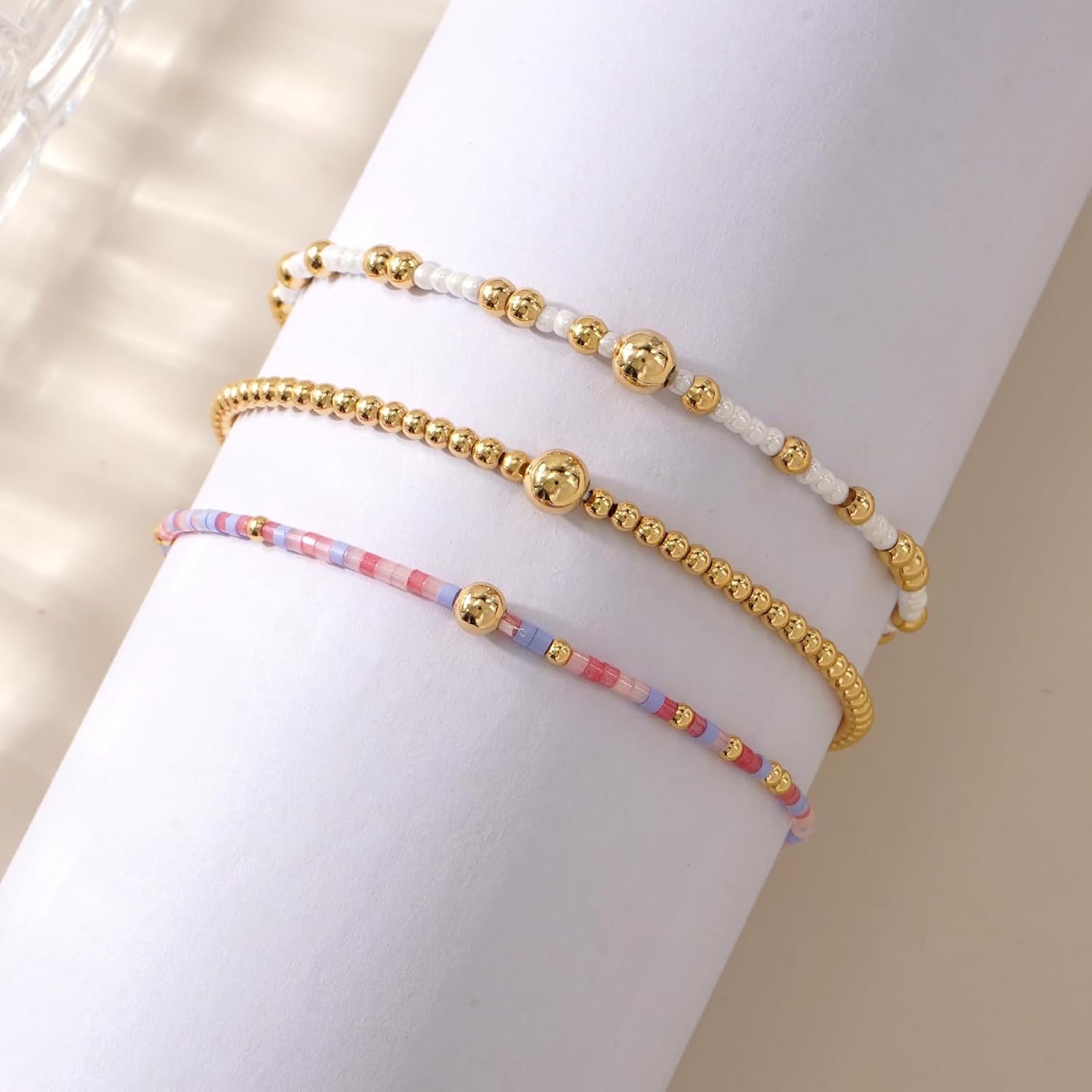 3Pcs Stack Gold Plated Ball Seed Beaded Bracelets Set For Women, Boho Handmade Colorful Cute Unique Stretch Accessories Smooth Jewelry, Summer Beach Daily Party Friendship Gift - Image 4