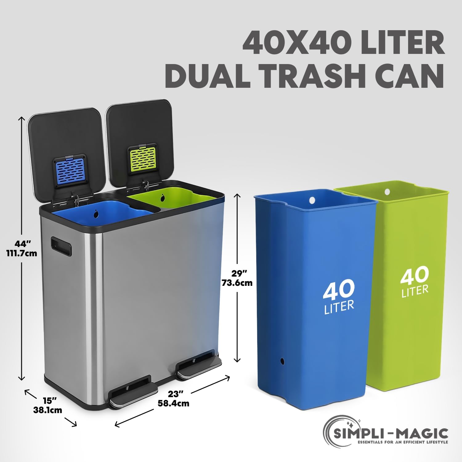 80 Liter / 21 Gallon Rectangular Hands-Free Dual Compartment Recycling Kitchen Step Trash Can with Soft-Close Single Lid, Stainless Steel (40L x 40 L Capacity) Stainless Steel Finish - Image 3