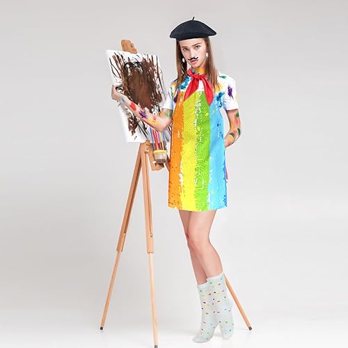 Miniatura 6 de Kyson Disfraz de artista para adultos, 8 piezas, pintor, Halloween, vestido con boina, delantal, paleta, pinceles, aretes, bandana y barba