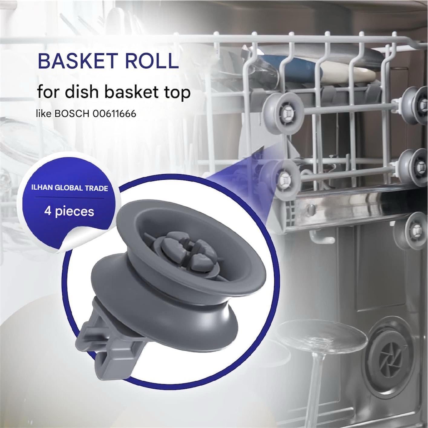 611666 Dishwasher Upper Rack Roller Compatible with Bosch Neff Siemens Repleace dishrack roller 00611666 PS8727423 00165313 165313 AH3477770 EA3477770 AP4355370 PS3477770, 4Pcs - WHEEL KIT