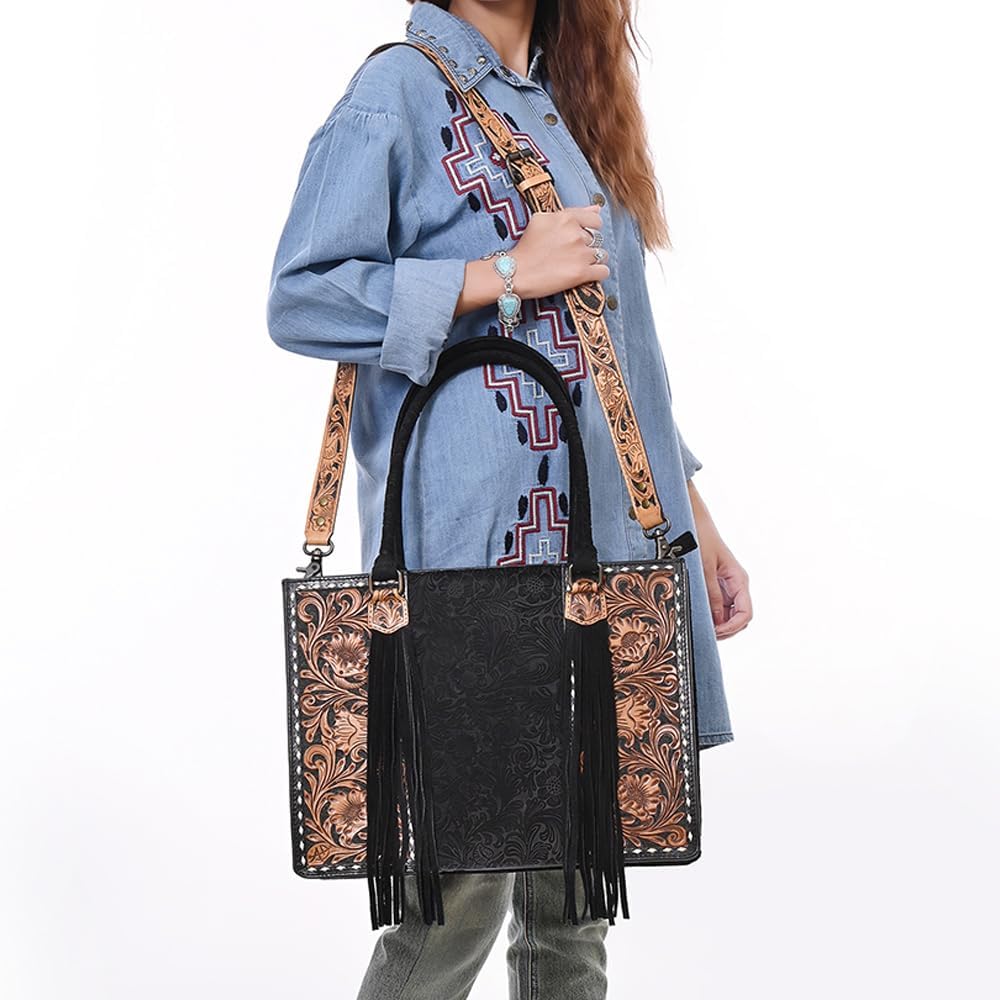 American Darling Western Tote Bag Hand-Tooled Floral Genuine Leather Handbag with Fringes and Buck Stitching