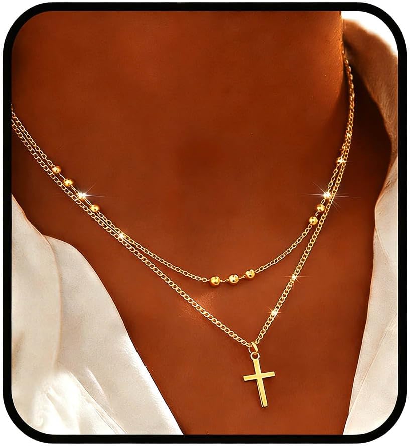 Yalice 925 Sterling Silver Sparkly Necklace Layered Dainty Chain Necklace Silver Cross Pendant Paperclip Necklaces Waterproof Minimalist Jewelry Gifts