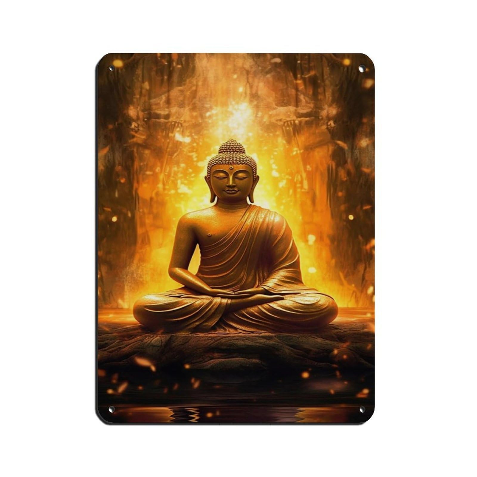 Golden Buddha in Radiant Meditation – Zen Tin Sign Vintage Metal Pub Club Cafe Bar Home Wall Art Decoration Poster Retro 12x16inch(30x40cm)