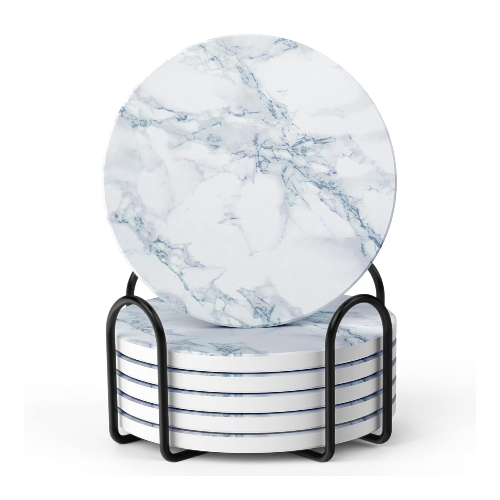 Drink Coasters Set of 6 - Marble Style Ceramic Round Coaster, Coasters with Holder and Cork Base, Ceramic coaster suitable for all kinds of cups, gift, for Women Men Home Decor, 4 ''