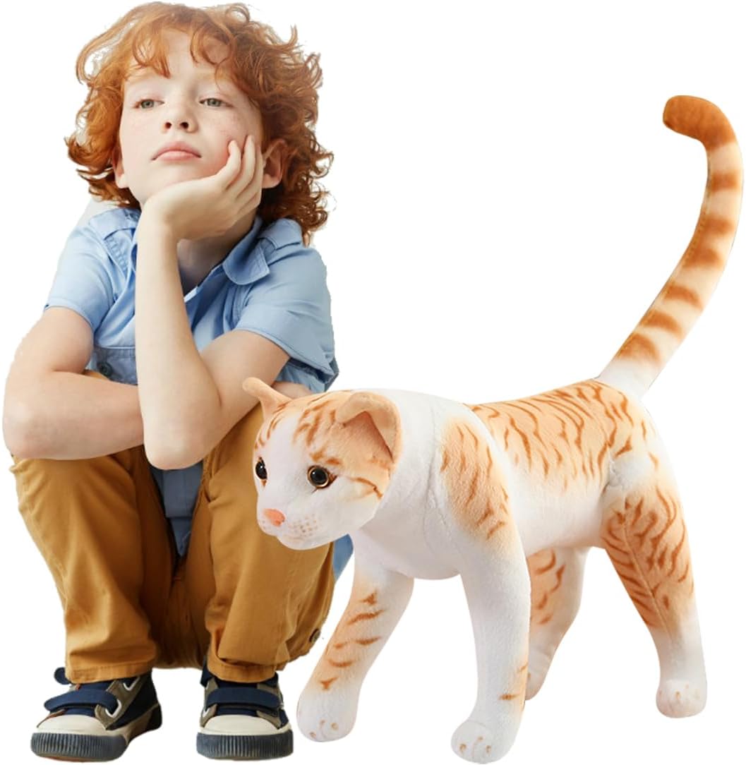 ELAINREN Realistic Yellow Striped Cat Plush Gifts Lifelike Orange Tabby Kitten Stuffed Animals Simulation Cuddle Kitty Plushie Toy/13.7''
