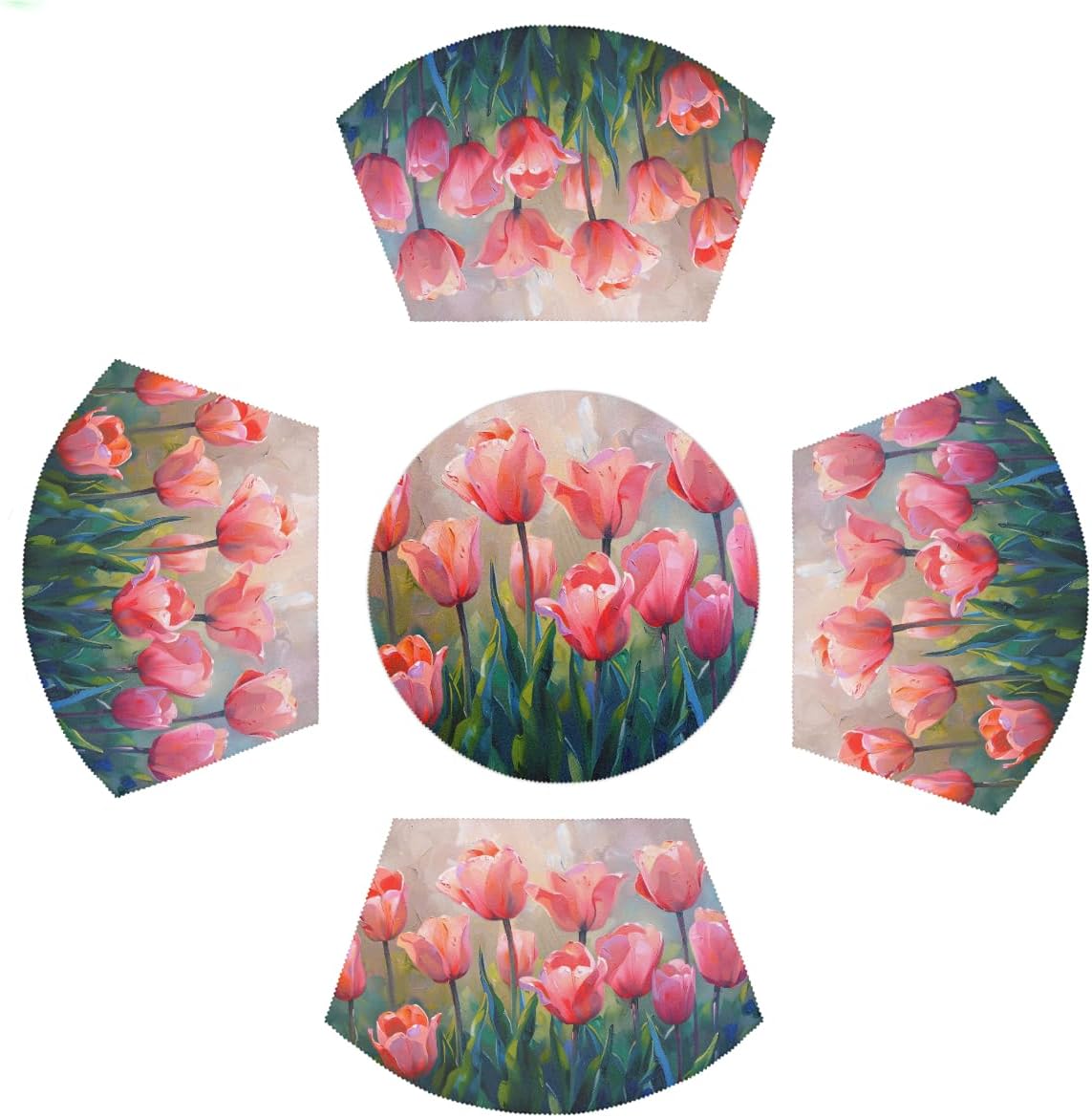Pink Tulip Flower Wedge Placemats Set of 4 4 Wedge Table mats and 1 Round Place mat Heat Resistant Non-Slip Wipeable Washable Dining Table for Kitchen Patio Party Decor Cloth Placemat