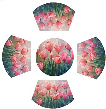 Tulip Wedge Placemats Set of 4 4 Wedge Table mats and 1 Round Place mat | Tulip Flower Heat Resistant Non-Slip Washable Wedge Dining Table for Indoor Kitchen Patio Party Decor Cloth Placemat