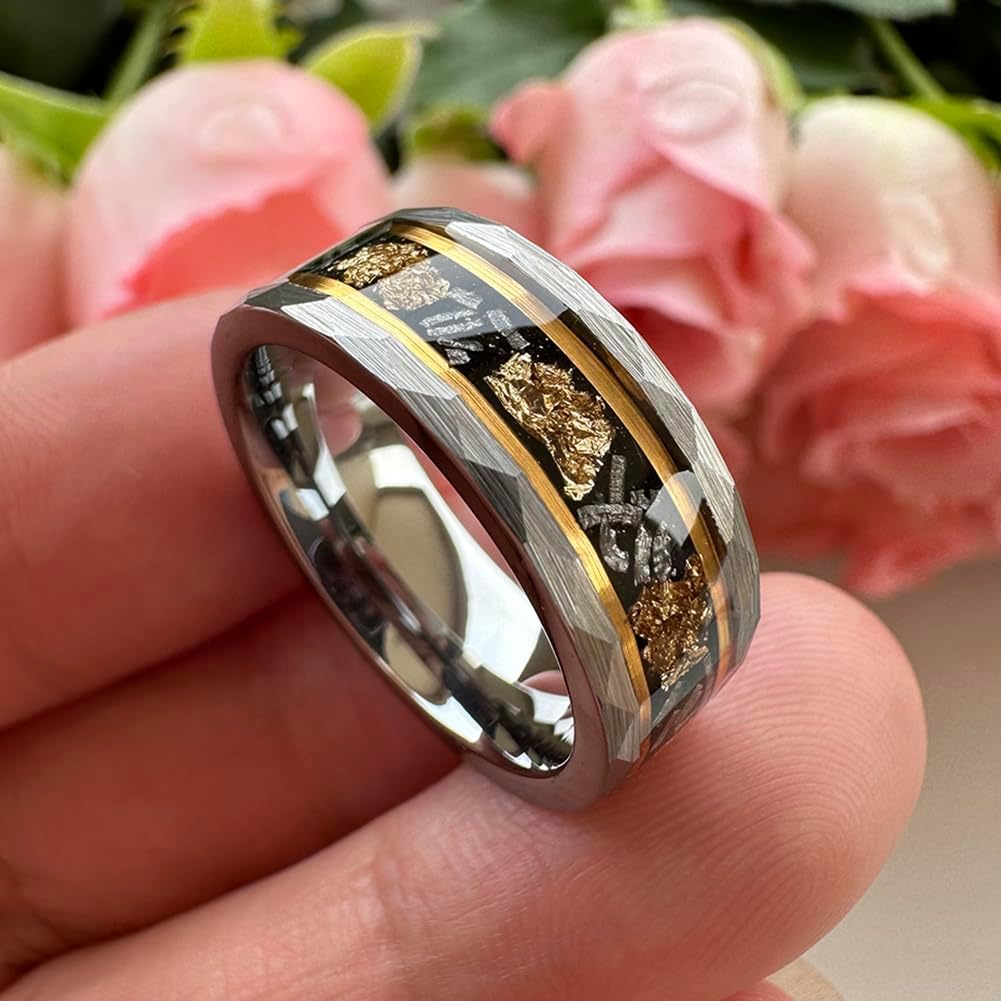 8mm Silver/Black Hammered Tungsten Rings for Men Women Meteorite Chip Gold Foil Inlay Promise Engagement Wedding Band Matte Finish Comfort Fit - Image 2