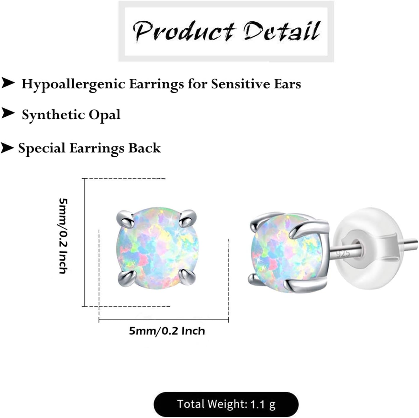 Hypoallergenic Earrings for Women: 925 Sterling Silver Rainbow Moonstone/Opal/Turquoise Screw Back Stud Earrings for Sensitive Ears Small Round Earrings Christmas Mother Day Jewelry Gifts (5mm/7mm) - Image 2