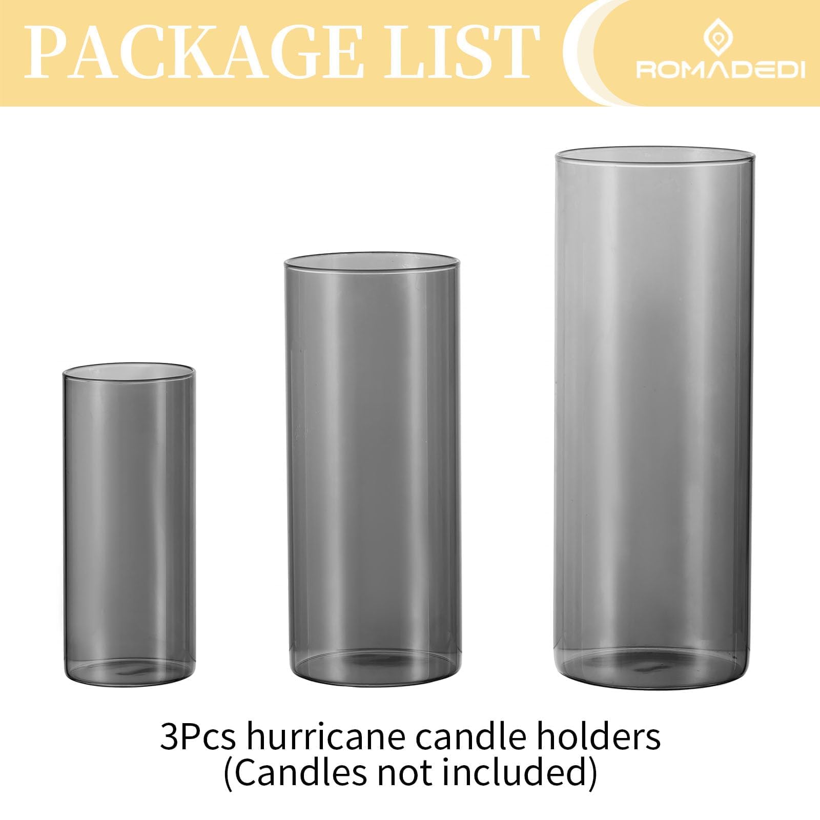 Romadedi Portavelas de cristal con cilindro de cristal: gris portavelas para velas de pilar, velas flotantes, jarrón de cristal, farolillos para salón, mesa de comedor, decoración del hogar