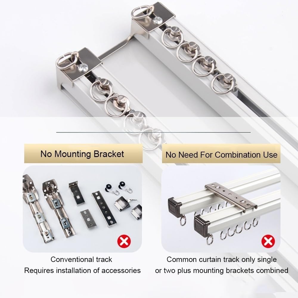 Heavy-Duty Aluminum Curtain Track System, Double Conjoined Rails for Room Dividers, Privacy Curtains for Living Room & Bedroom, 130cm (4.3ft), White-B