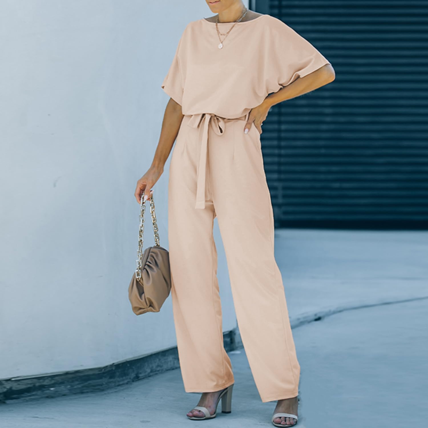 Damen Lang Jumpsuit Overall Hosenanzug Elegant Romper Kurzarm Rundhals Playsuit mit Gürtel Hosenanzug Breite Weites Bein Overall