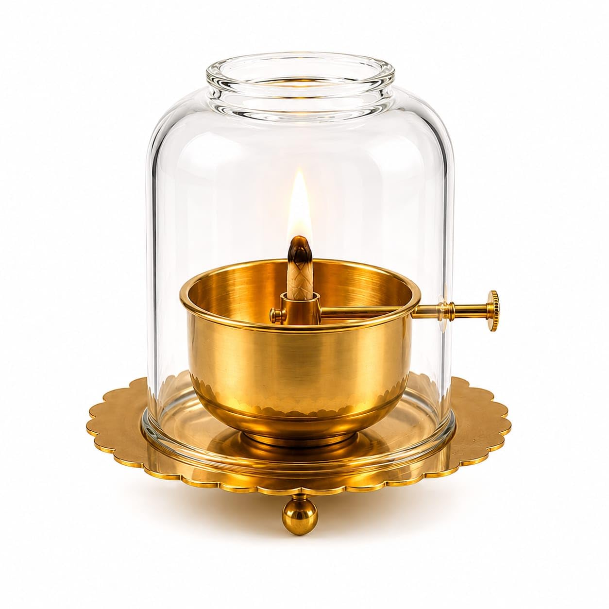Brass Akhand Jyoti Diya Lamp with Adjustable Bati Knob Lifting Screw Wick Holder & Glass Chimney 30 ml Oil Capacity with 12 Hours Burning time with Small Size-image-18