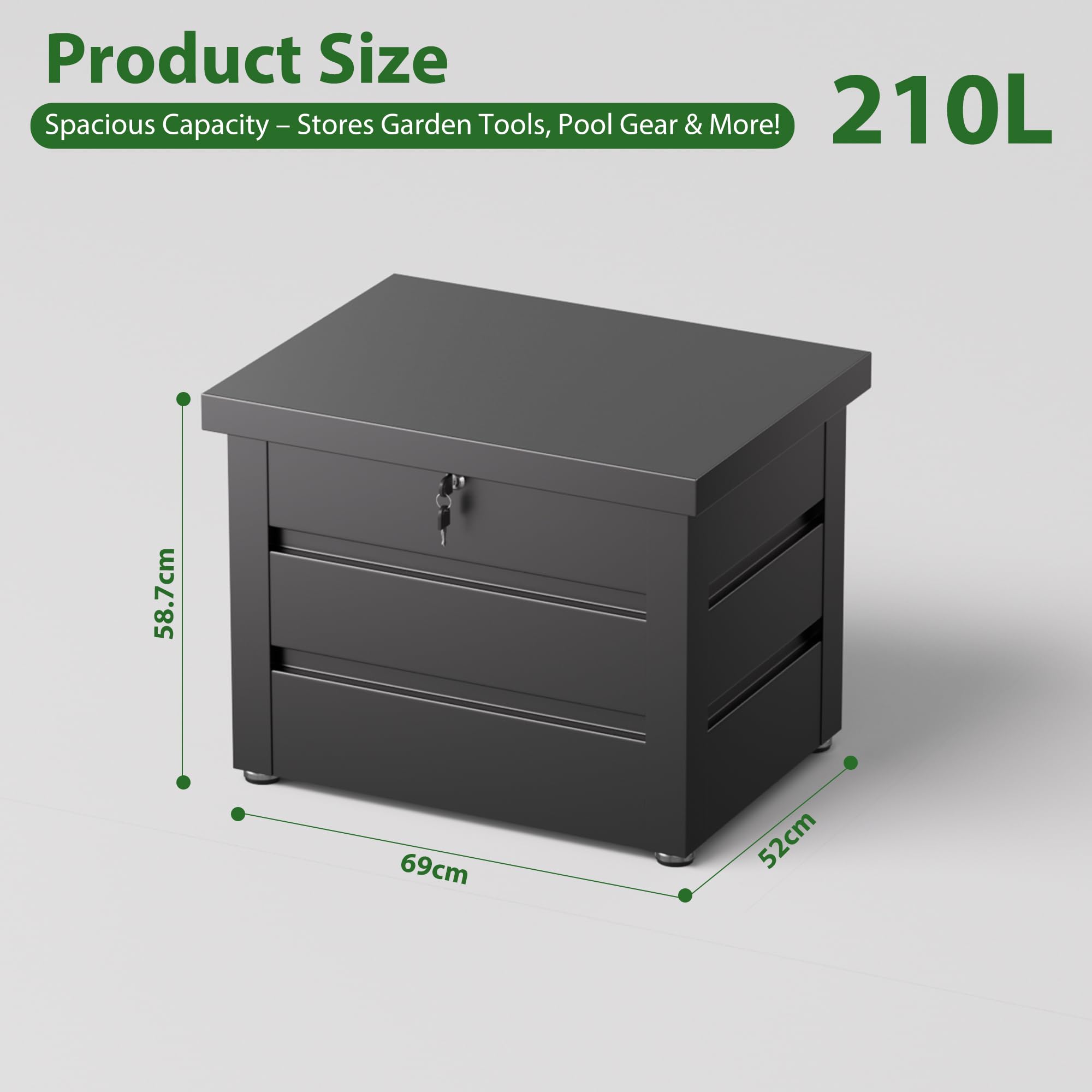 Caja de jardín de metal en negro 210 L, para exteriores, con revestimiento resistente a la corrosión, caja de almacenamiento para exteriores, resistente al agua, para cojín, 70 x 52 x 60 cm
