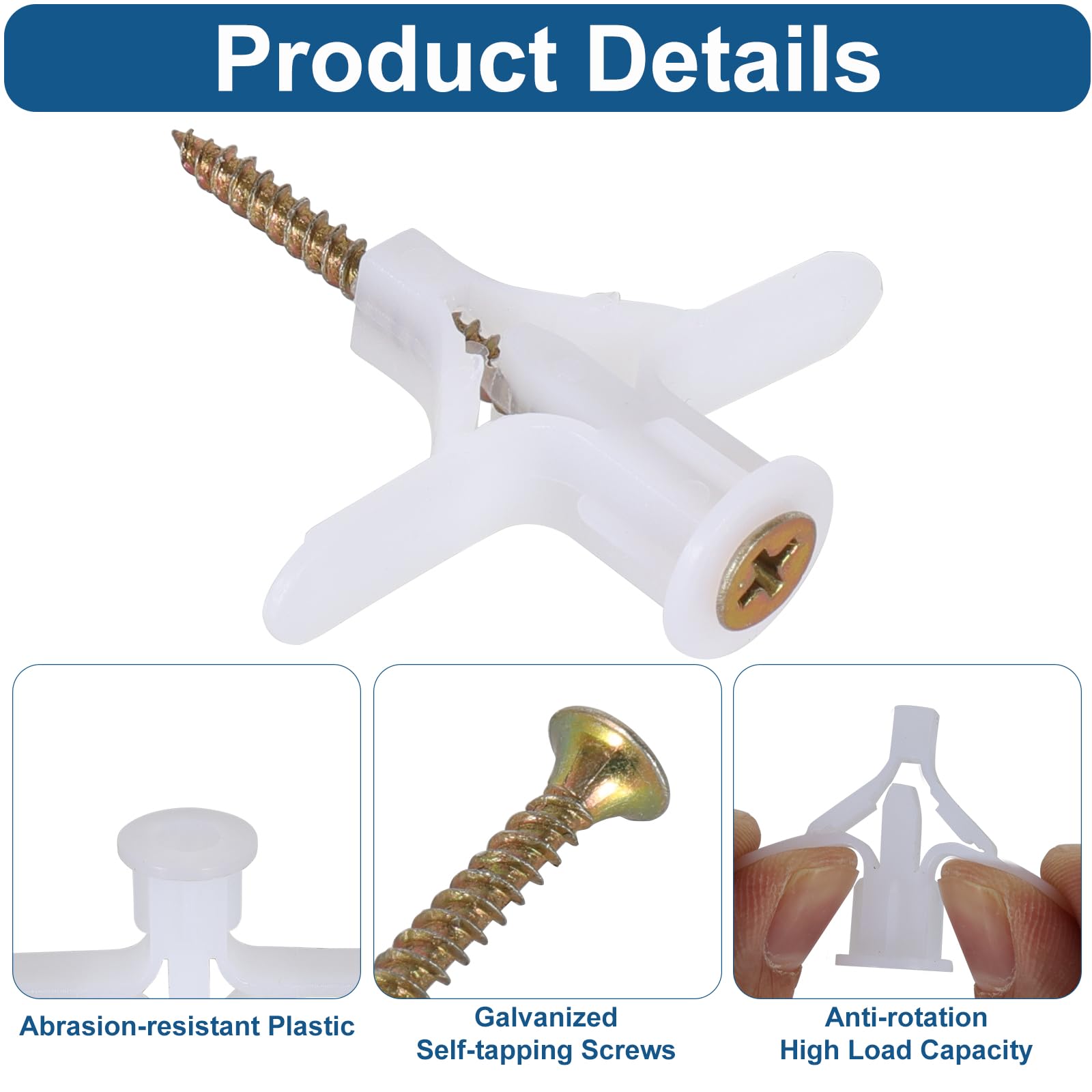 100 Pcs Plasterboard Wall Plugs and Screws HXC Plasterboard Fixings Heavy Duty Anti-Rotational Expansion Tube Hollow Wall Anchor for Hollow Drywall Cavity TV Wall Brackets(White) - Image 3