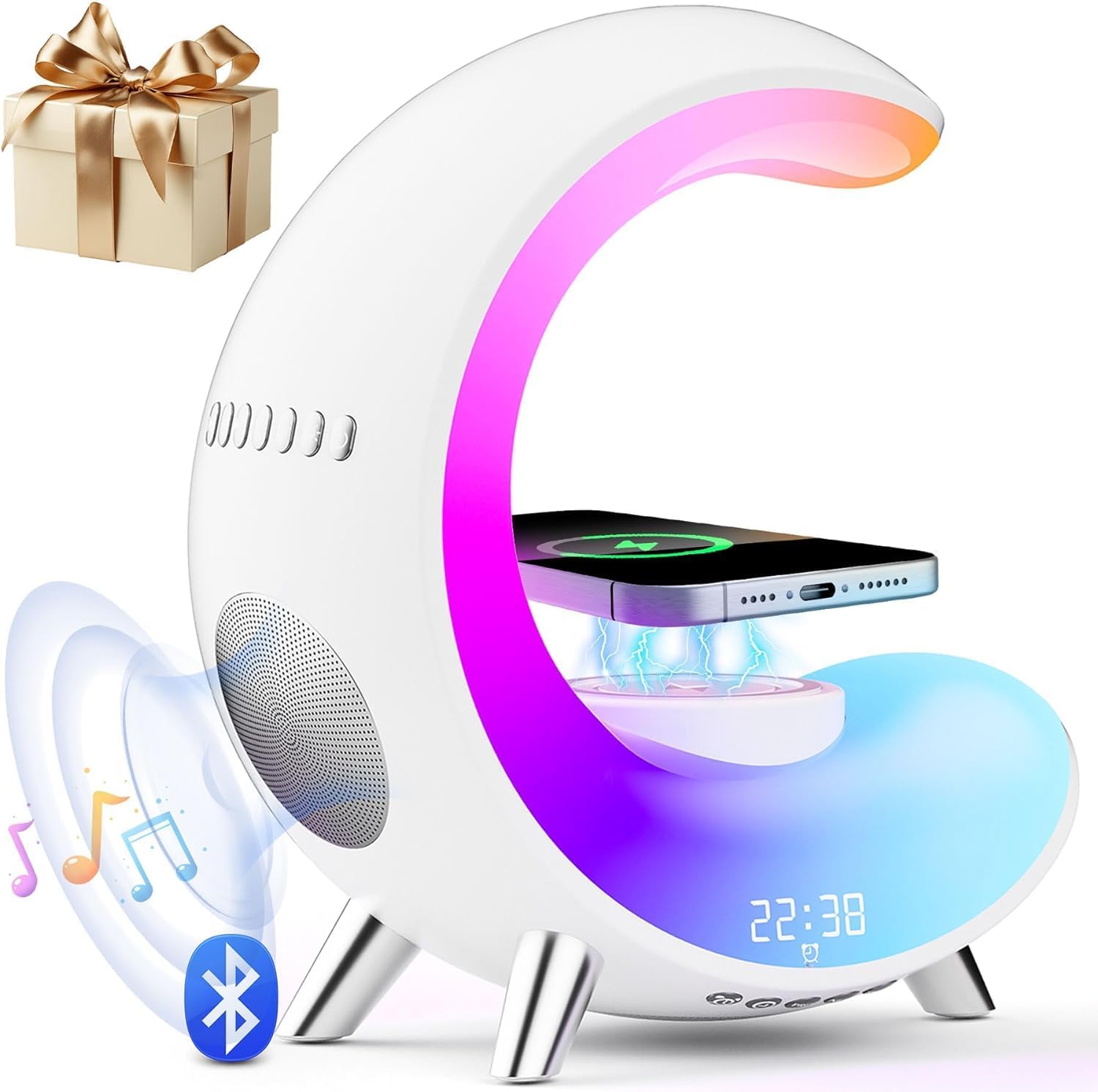 Desk Lamp with Wireless Charger, Table Lamp with Bluetooth Speaker Alarm Clock, Color-Changing Ambient Light for Living Room, Bedroom, and Gifts