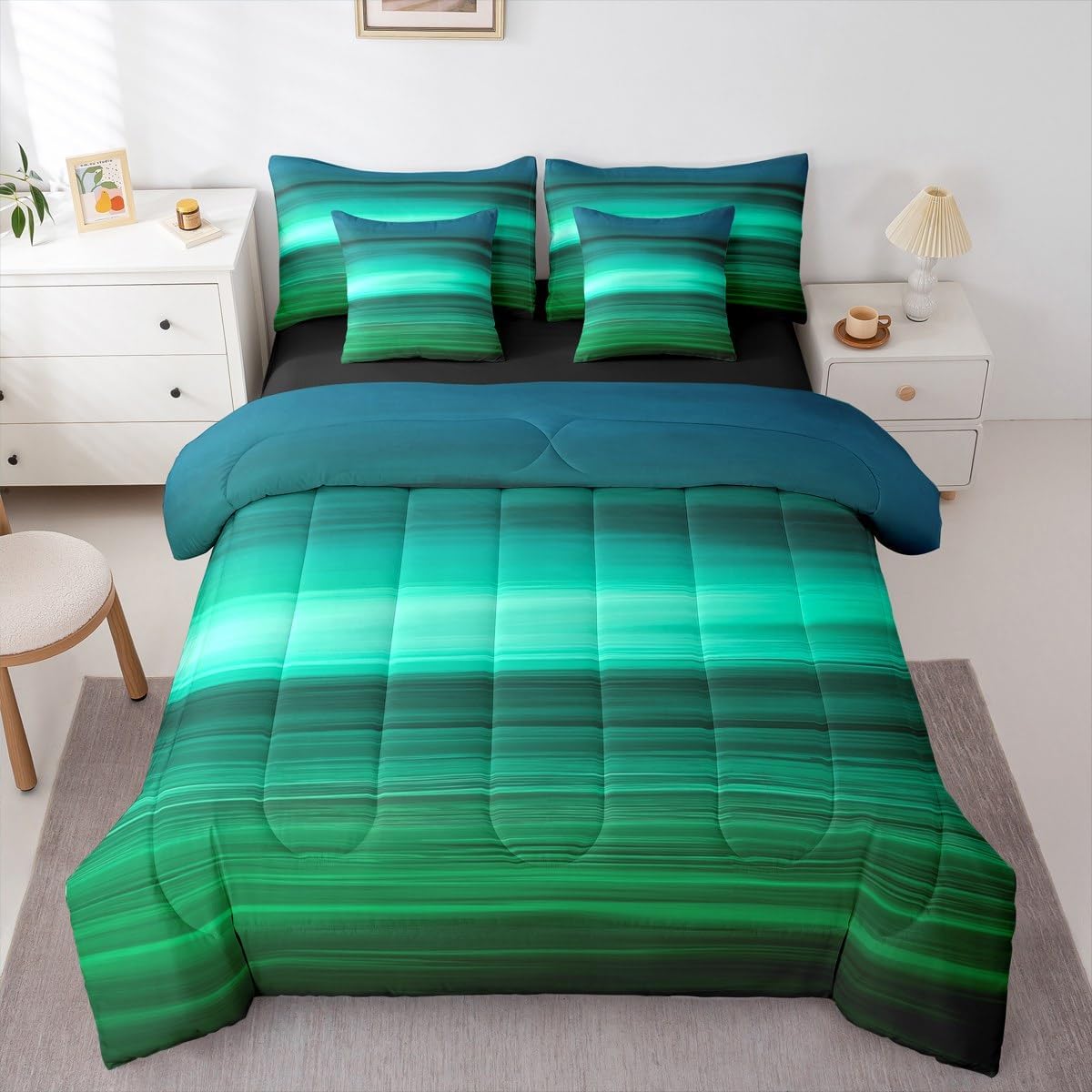 Feelyou Green Teal Bedding Set Turquoise 7 Piece Bedding Set Green Minimalist Lines Comforter Modern Design Bed Set Includes Comforter, Sheet Set, Pillowcases & Pillow Covers Quilt Full Size Boys