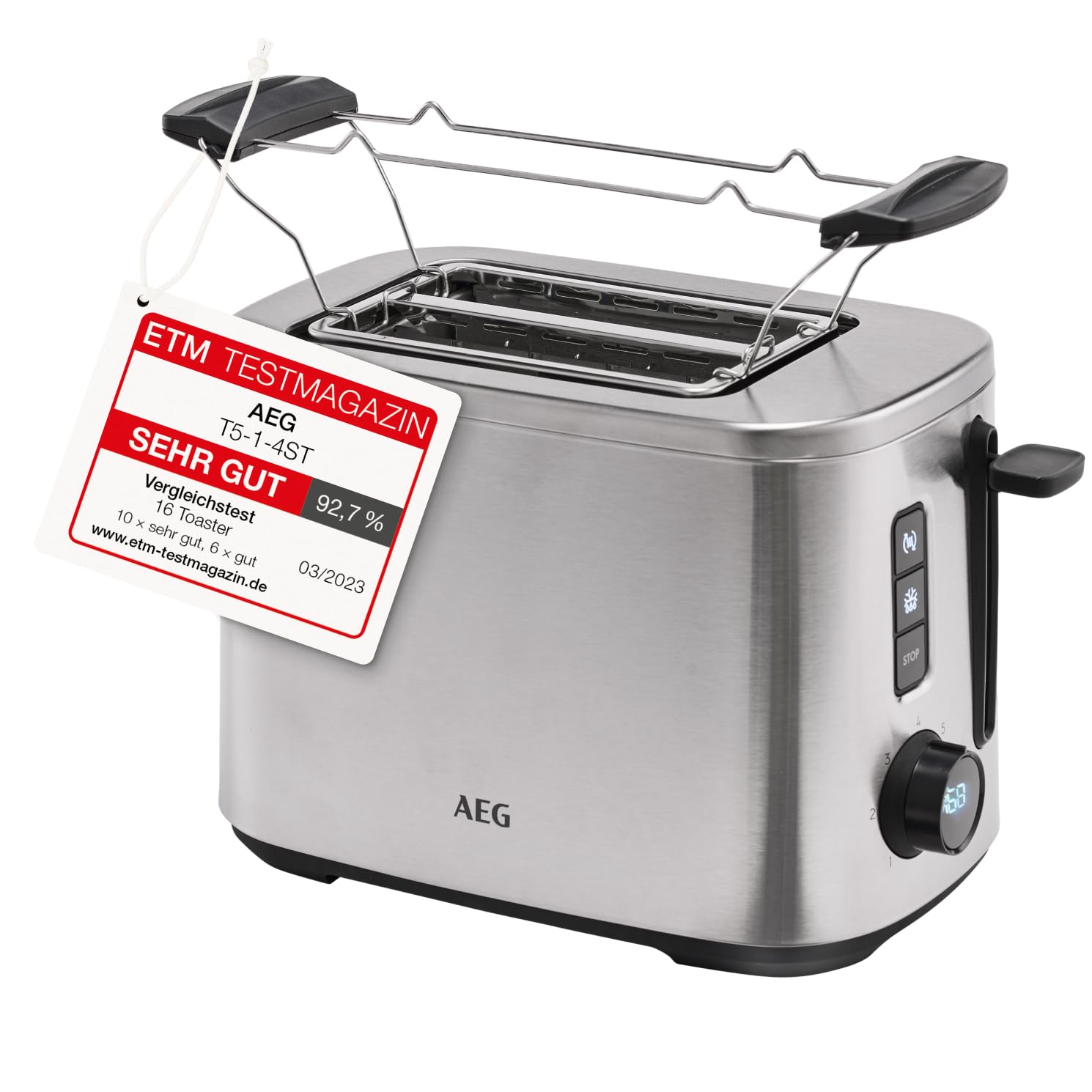 AEG Toaster Deli 5, 7 Toasteinstellungen, Countdown-Timer, Stopp-, Auftau-, Aufwärmknopf, Automatische Zentrierung, Cool-Touch-Gehäuse, Breite Schlitze, Krümelschublade, Edelstahl, T5-1-4ST