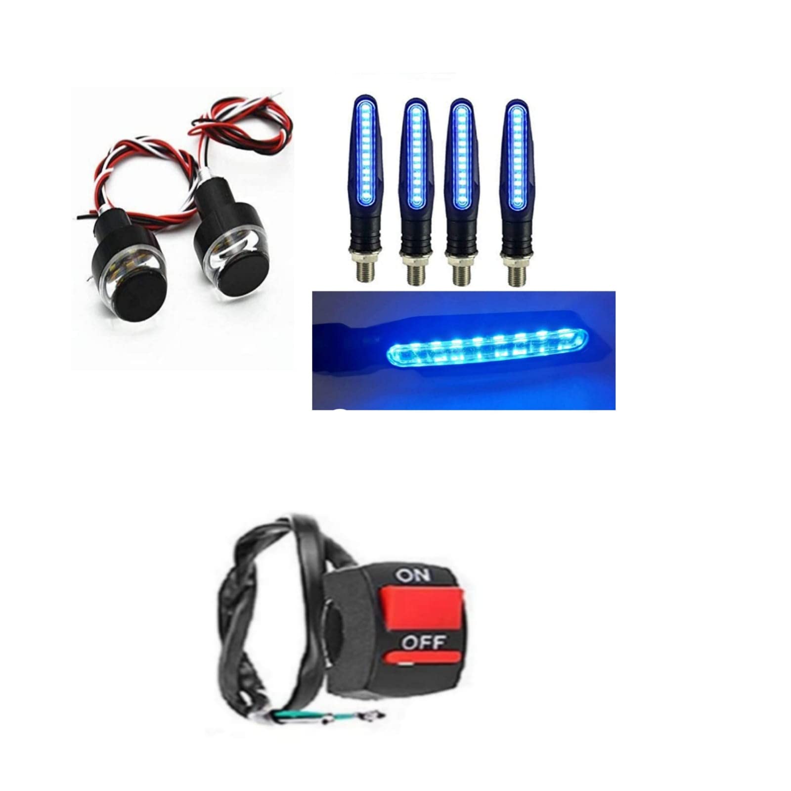 A4S AUTOMOTIVE & ACCESSORIES Bikers Combo -Side LED Indicator Light set of 4 & Bike Handle Bar LED Blinker Indicator Set of 2 (Blue indicator with Blue & white handle light and Switch free)