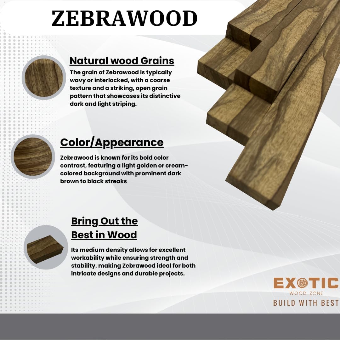 Exotic Wood Zone 3/4" Lumber Board Combo Pack - Padauk, Zebrawood, Purpleheart & Honduran Mahogany - Perfect for Woodworking, DIY Projects, Cutting Board Blanks.