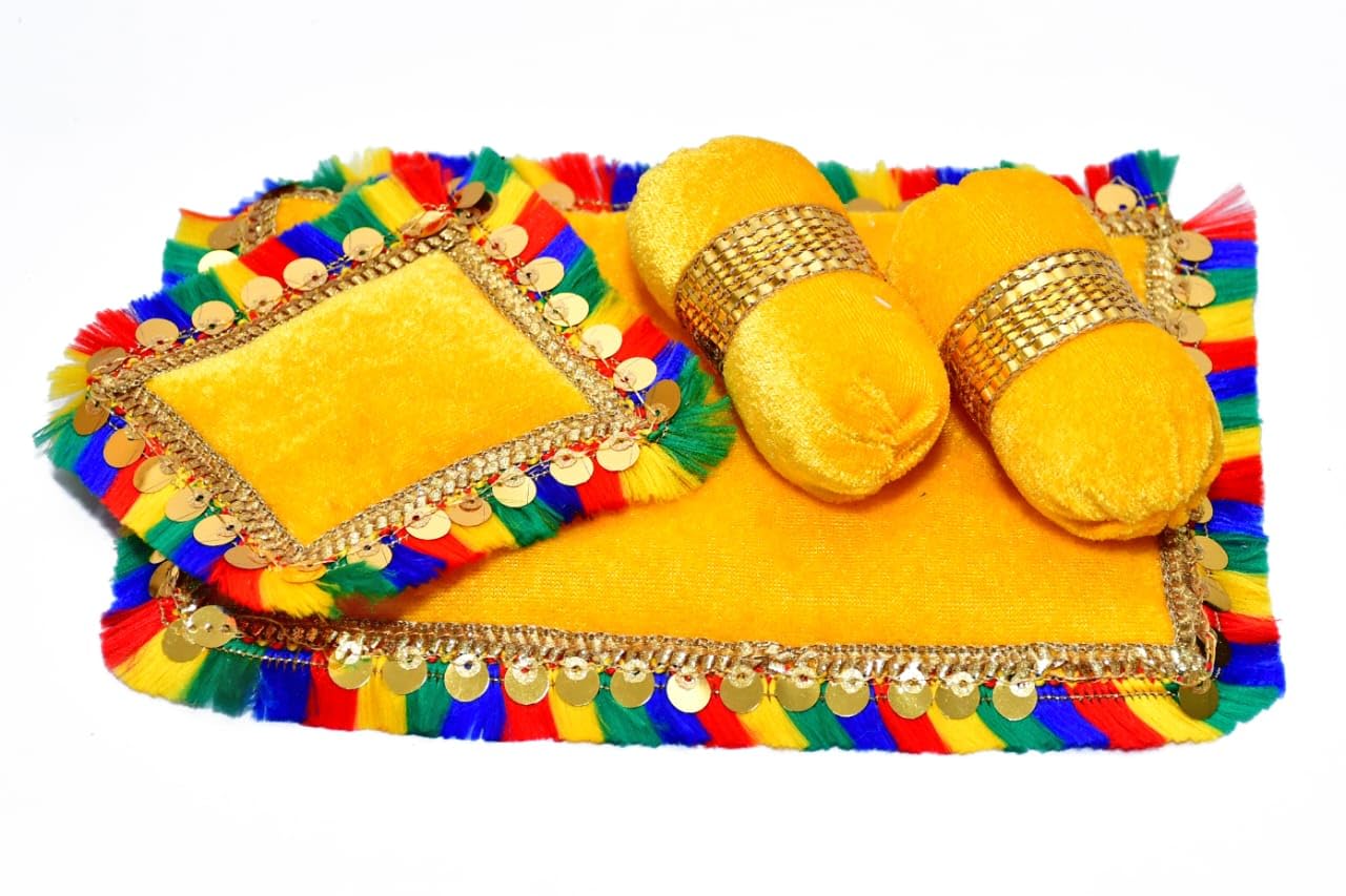 SAMRUDDHI Home Decor Laddu Gopal Bedding Set, 1 Gaddi/Mattress + 1 Pillow + 2 Cushion (Krishna Thakurji Bister Gaddi Bedding Set) Yellow (Pack of 4)-image-13