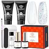 Modelones Poly Nail Gel Kit 30ML 2 Colors Clear Glitter Sequins Poly Extension Gel With Slip Solution Builder Enhancement Starter Nail Kit Nail Technician French Nail Art Kit DIY Home Gift