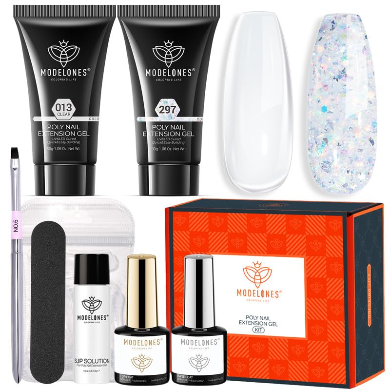 Modelones Poly Nail Gel Kit 30ML 2 Colors Clear Glitter Sequins Poly Extension Gel With Slip Solution Builder Enhancement Starter Nail Kit Nail Technician French Nail Art Kit DIY Home Gift