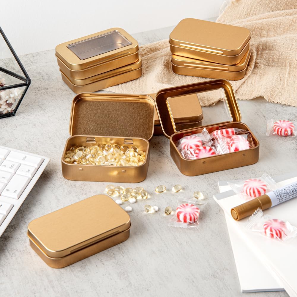 Restaurantware RW Base 4.5 Ounce Rectangular Tin Containers 100 Durable Tin Boxes With Lids - Clear Window Lids Rounded Edges Gold Tin Storage Containers Customizable Fits Mints Or Pills