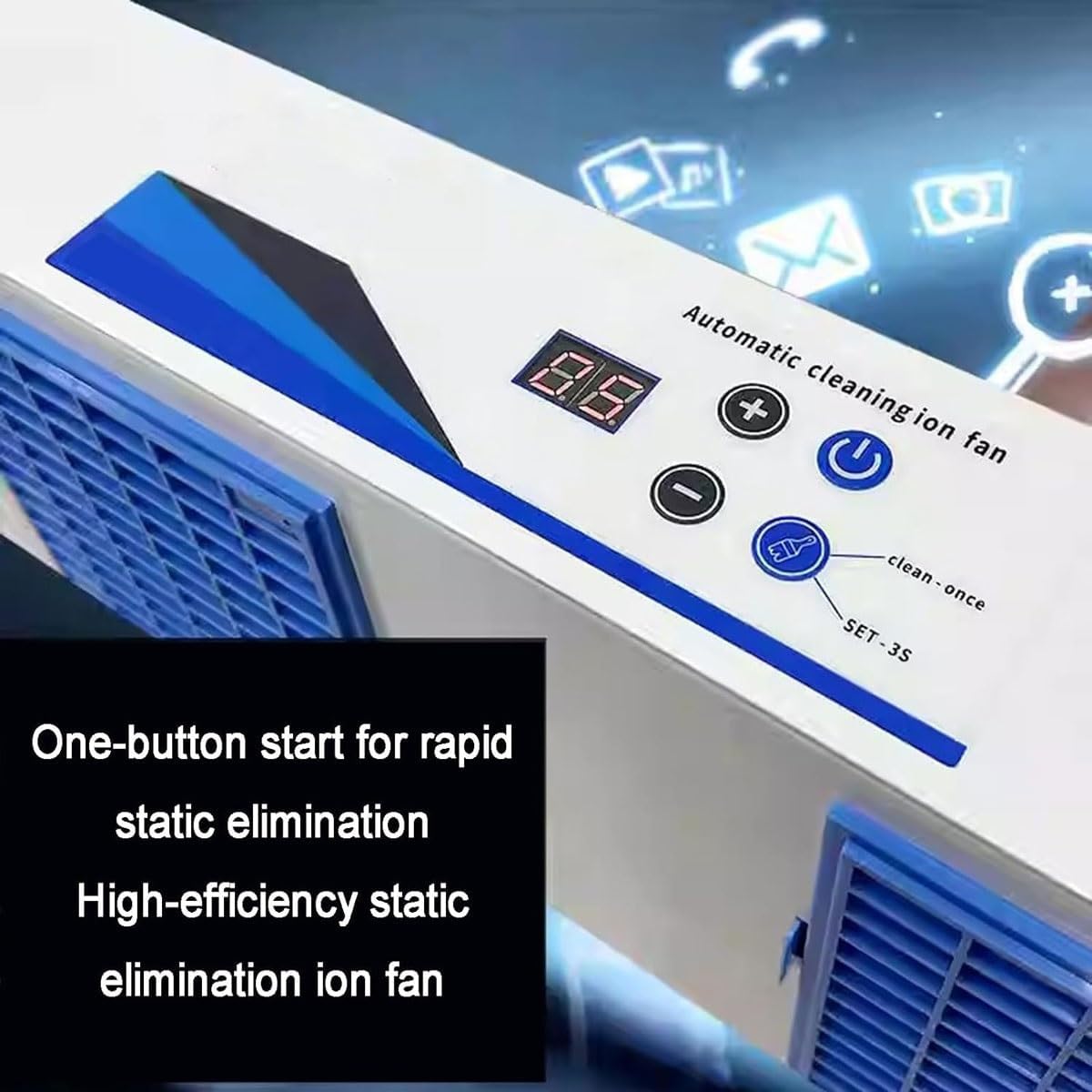 Ventilatore ionizzatore antistatico, ESD con volume d'aria regolabile da 10 a 120 CFM, girevole a 360°, eliminatore statico da tavolo e da parete, per officine