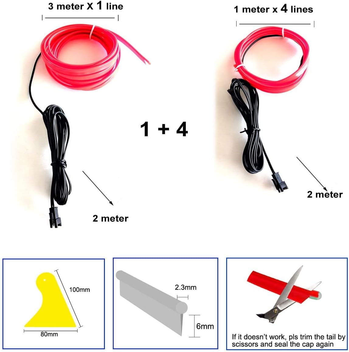 NC USB El Wire, Neon Rope Strip Lights 5V with Fuse Protection for Automotive Car Interior Decoration with 6mm Sewing Edge.… (Red, 5in1/7M)