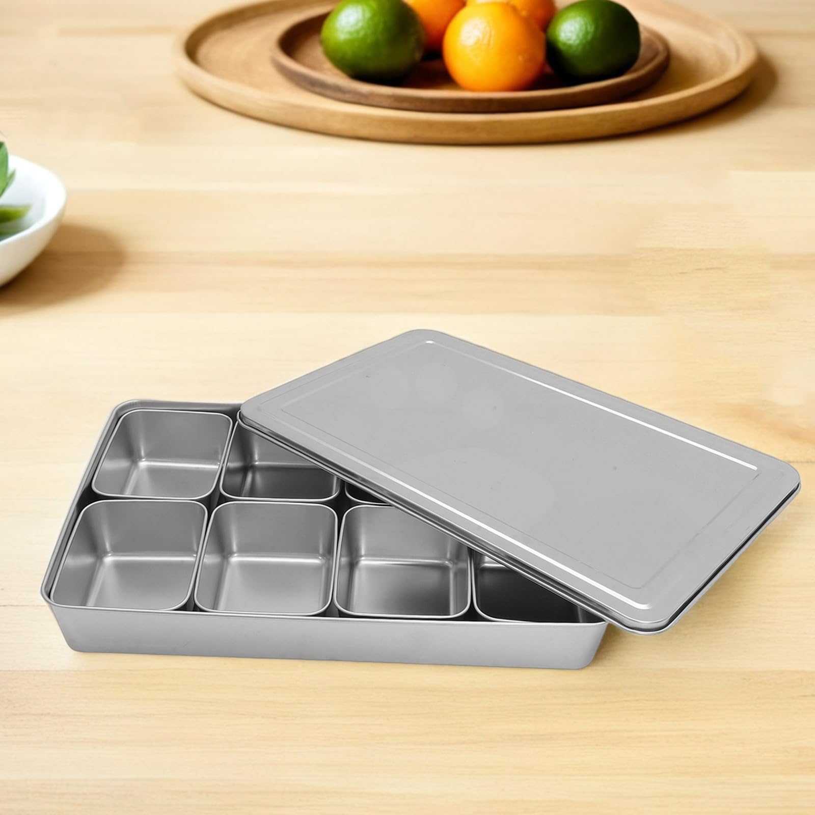 PRETYZOOM Organizador de Condimentos de Acero Inoxidable 8 Compartimentos Extraíbles y Tapa, Caja para Almacenamiento de Especias en Encimera de Cocina Moderna y Elegante