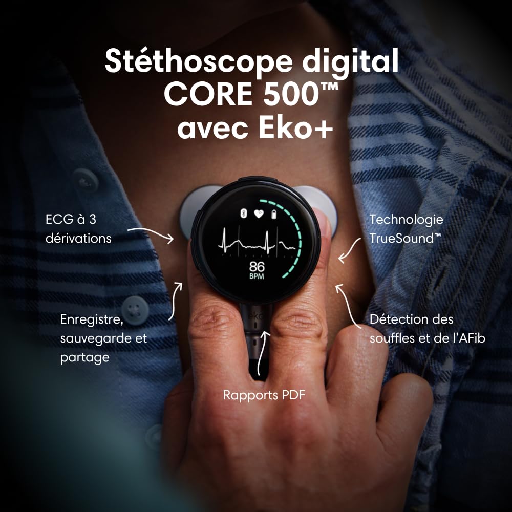 Stéthoscope numérique digital CORE 500™ - Amplification x40, suppression active du bruit, ECG à 3 dérivations, IA certifiée par la FDA avec Eko+, affichage couleur