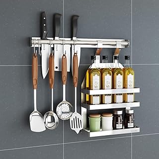 Domowa kuchenna półka do przechowywania, montowana na ścianie półka kuchenna, stojak na butelki ze stali nierdzewnej 304, uchwyt na noże, 5 haczyków, długość pręta do zawieszania 46 cm, 2 style B (A)