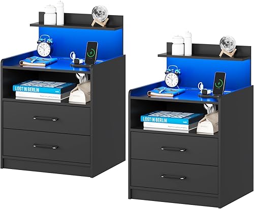 Nightstand Set of 2 with Charging Station and LED Lights, Bedside Table with 2 Drawers and Open Storage Shelf, 2 USB Ports and 2 AC Outlets, LED
