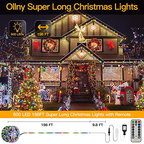 Ollny Christmas Lights Outdoor Indoor, 600Led 198Ft Christmas Tree Lights Ip67 Waterproof With Remote, 8 Modes Timer Plug In Outside Xmas Lights For House Bedroom Party Yard Decorations-Multicolor #TOP1