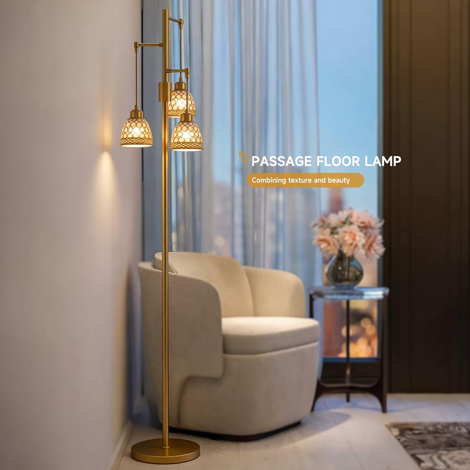 -Modern 3-Head Floor Lamp with Crystal Beads, Industrial Metal Standing Lamp Adjustable Hanging Light for Living Room-Gold