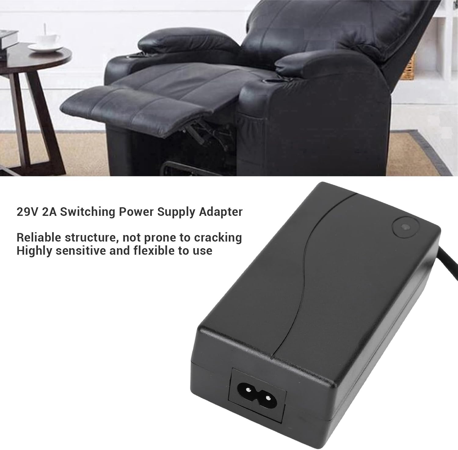 Power Recliner Power Supply, 29V 2A ABS Adapter with 2 Connector Cables for Height Adjustable Table Chair (US Plug)
