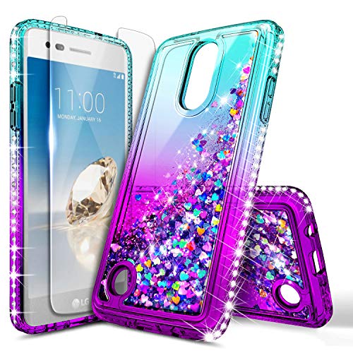 LG K20 Plus Case, LG K20 V /K20 /K10 2017 /Harmony/Grace LTE with Tempered Glass Screen Protector, NageBee Glitter Liquid Bling Waterfall Floating Sparkle Women Girls Kids Cute Case -Aqua/Purple